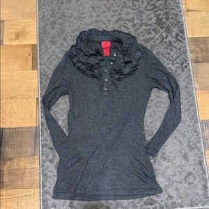 V Cristina Charcoal Ruffle Collar Long Sleeve Tee